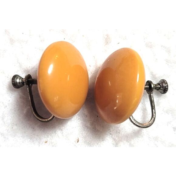 Vtg 1930s 1940s Butterscotch Bakelite Button Screwback Earrings 3/4" Tested - Picture 5 of 6